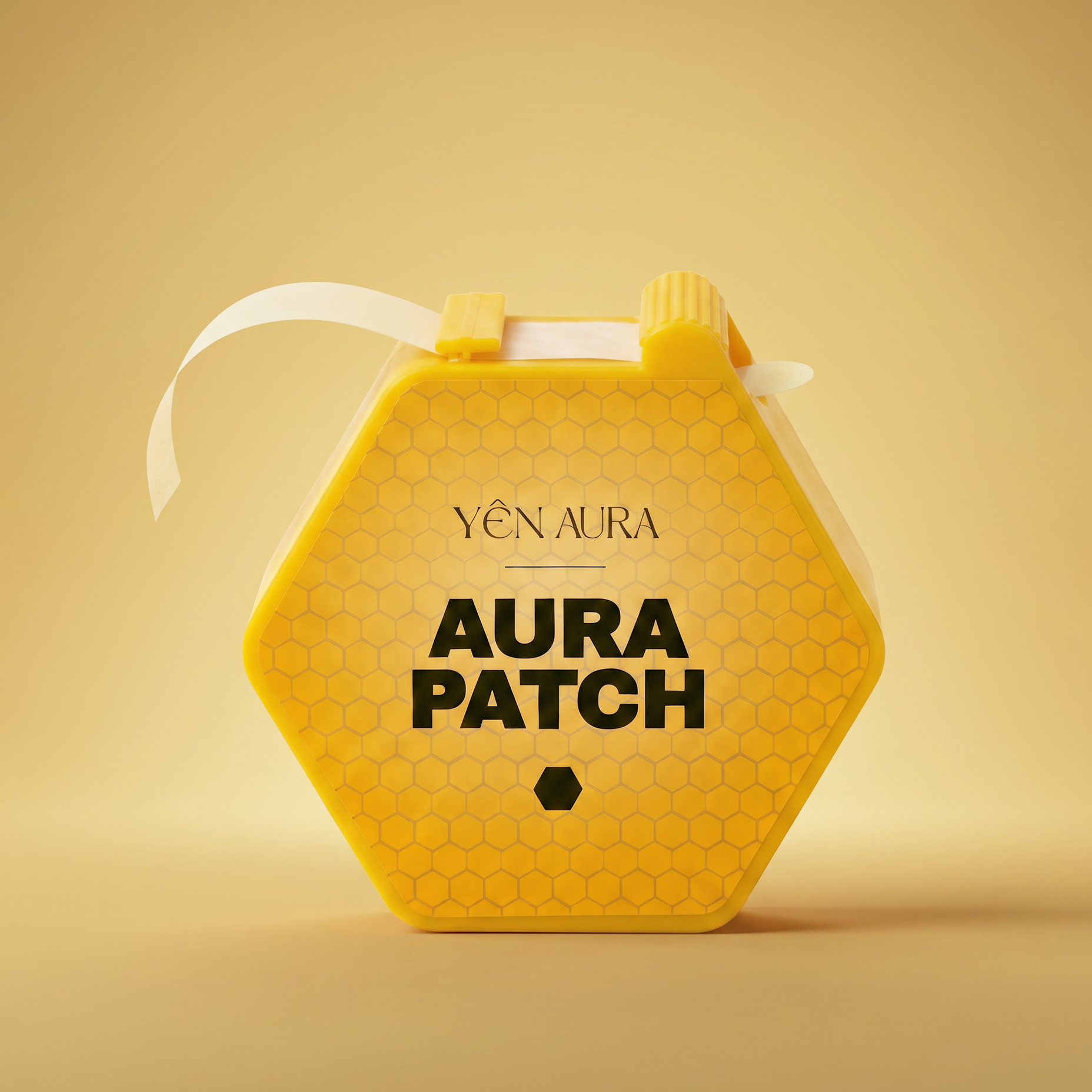 Yen Aura Patch container with a white ribbon loop, set against a warm beige background.
