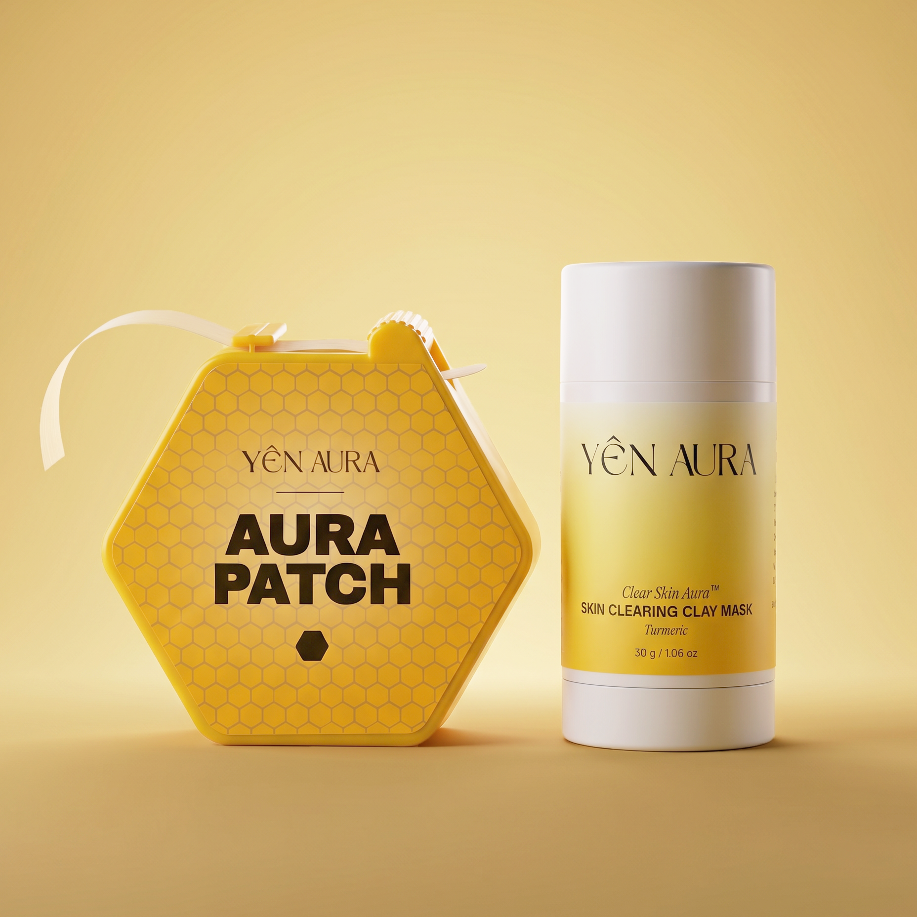 Yen Aura Patch skin clearing clay mask set, featuring a yellow hexagonal patch container with a white ribbon and a matching yellow-and-white cylindrical stick container, set against a warm yellow background.